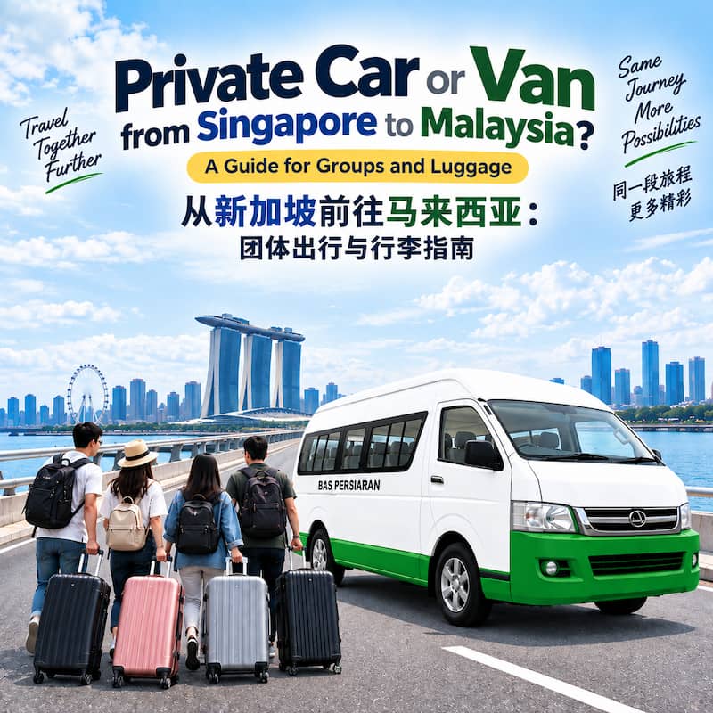 Group travellers with suitcases beside a private van for a Singapore to Malaysia trip